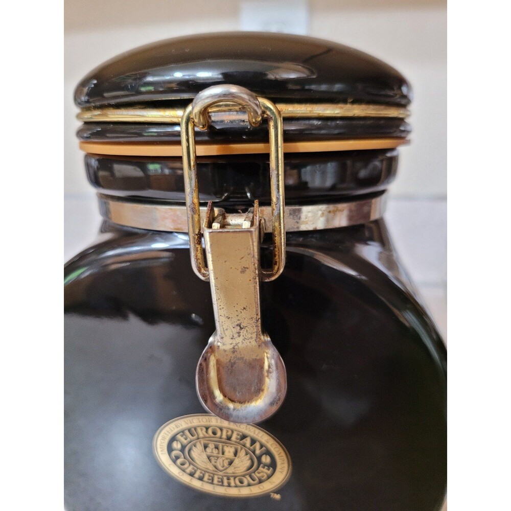 Vintage European Coffee House Collection Canister Black Ceramic Gold Trim - Picture 10 of 10